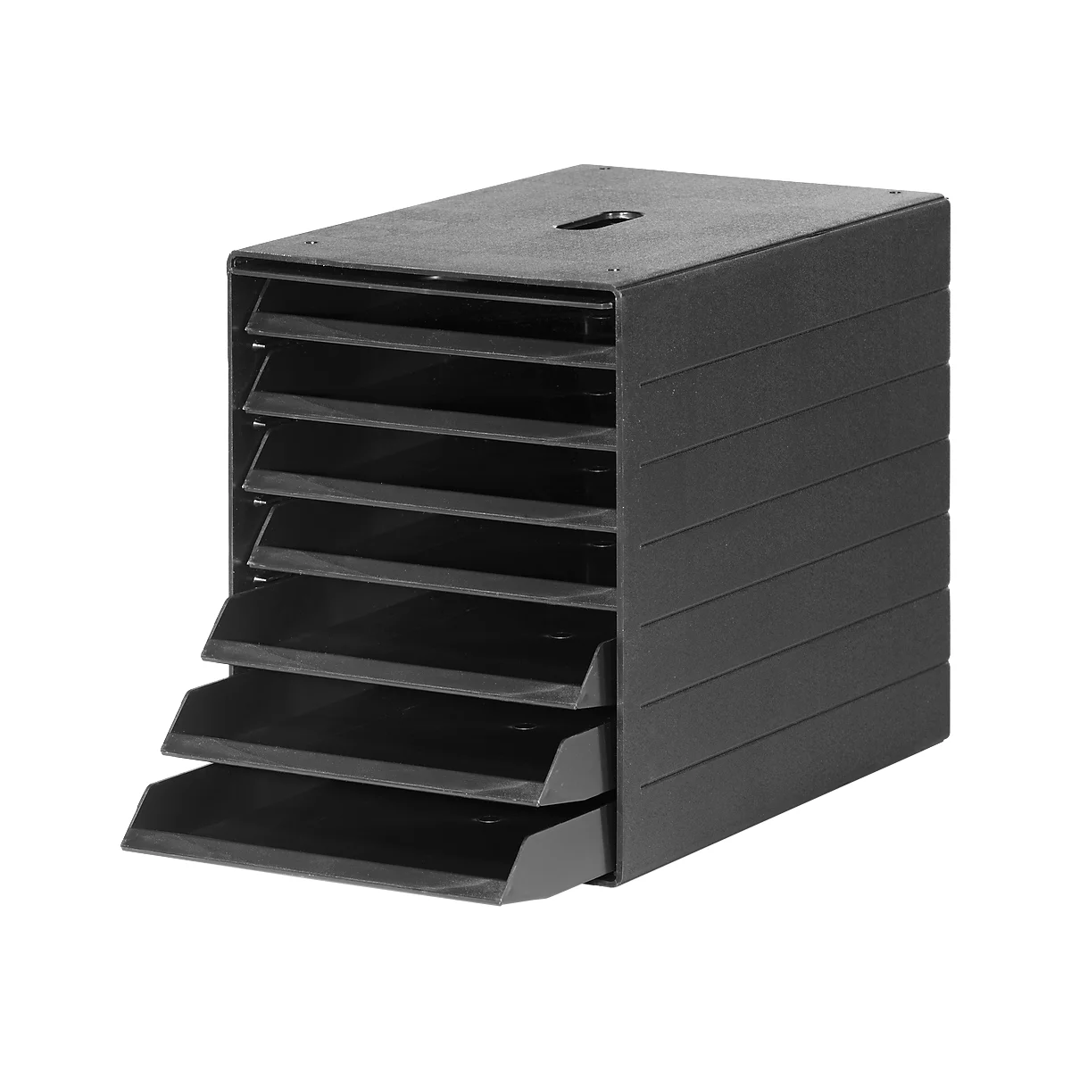 Black paper tray tower with eight compartments. The top compartment has a hole. Three trays are partially pulled out.
