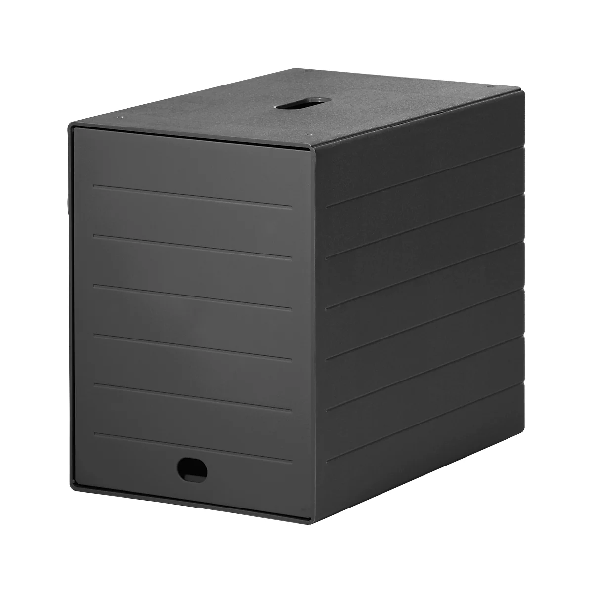 Black, stackable storage box with grooves, handle hole, and recess.