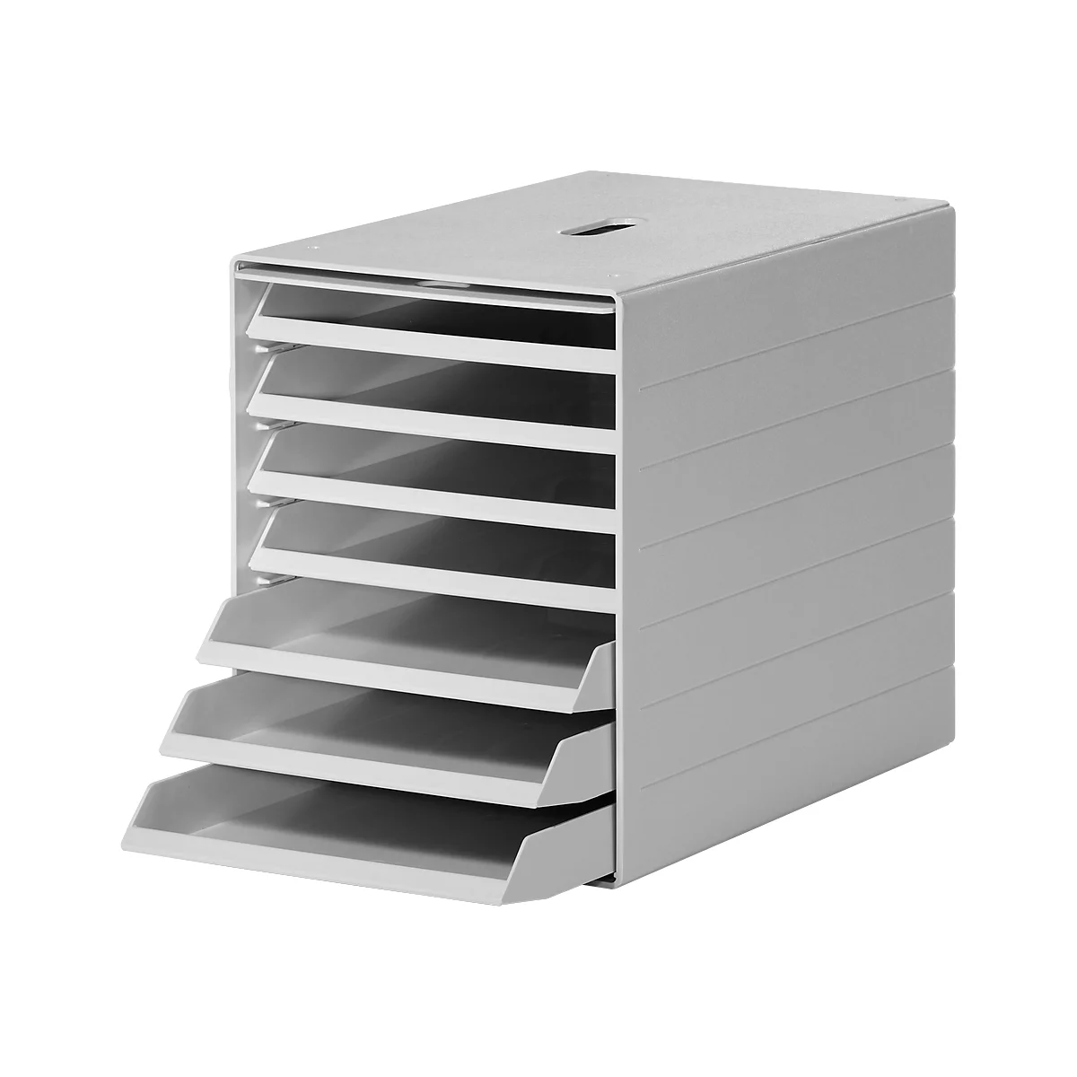 Light grey document organizer with 7 compartments. Top tray with slot, deep trays.