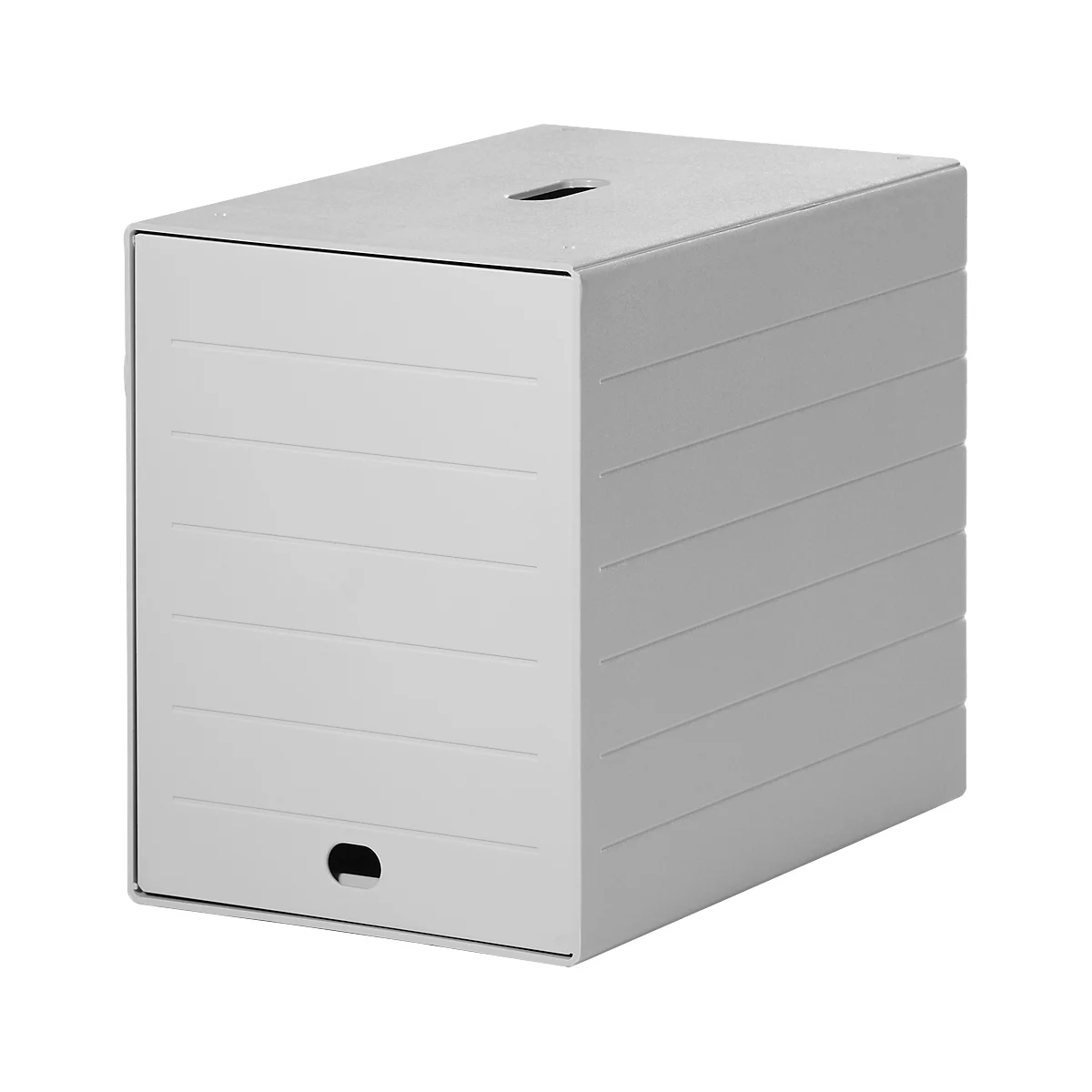 Gray paper box, with slot on top and handle at the bottom.