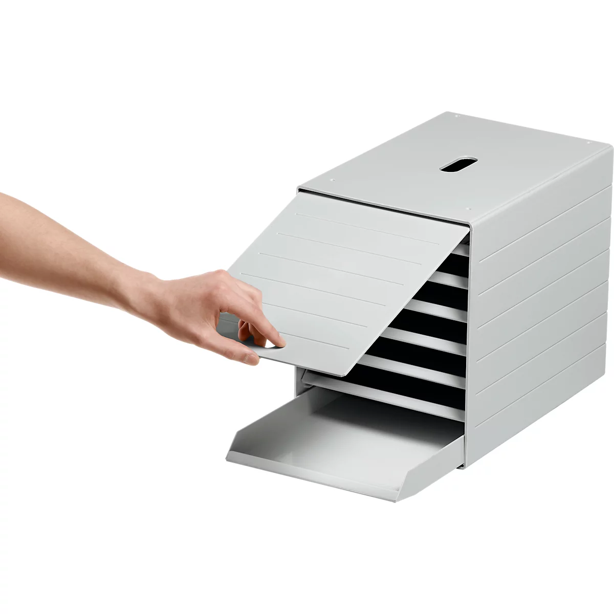 A hand opens a gray filing cabinet with multiple compartments.