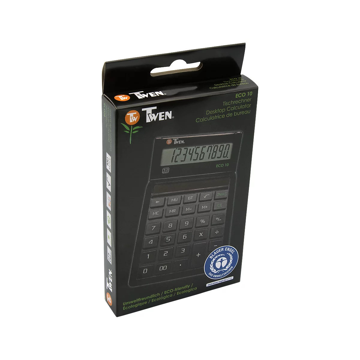 Desktopcalculator Twen Eco 10, 10-cijferig display op zonne-energie, MU &amp; GT-functie en 10-cijferig display.