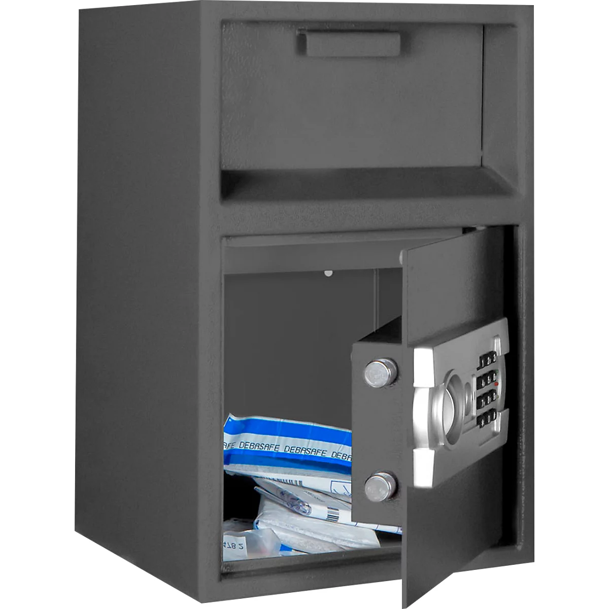 Grijze kluis met open deur en cijferslot, er liggen papieren in. Boven de deur zit nog een vak.
