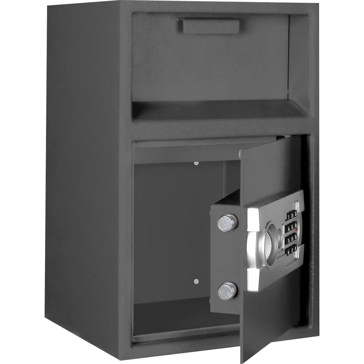 Een grijze kluis, de deur is open, het cijferslot is zichtbaar.