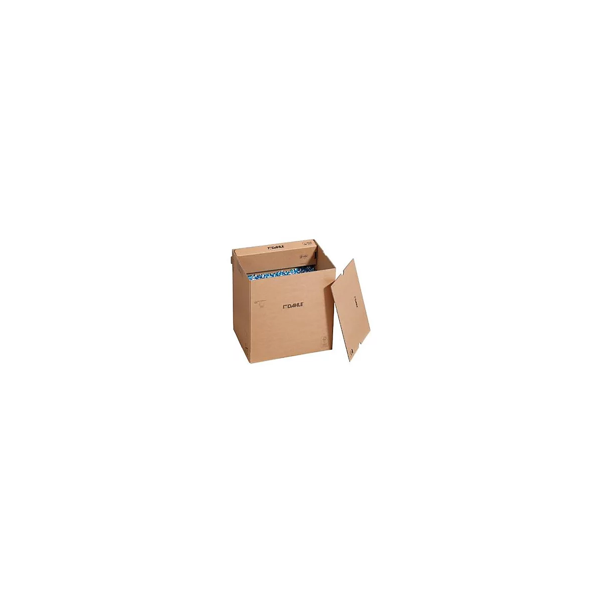 Une boîte en carton marron Dahle ouverte remplie de papier déchiqueté bleu.