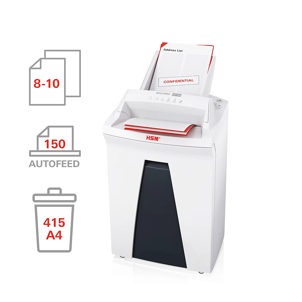 Destructeur de documents Autofeed HSM SECURIO AF150, niveau de sécurité 4, coupe en particules de 4,5 x 30 mm, 10 feuilles, blanc