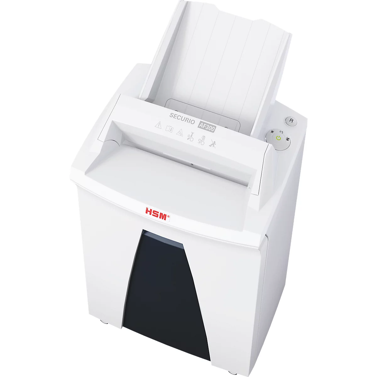 Déchiqueteuse de papier blanche avec les lettres "HSM" et le mot "SECURIO".