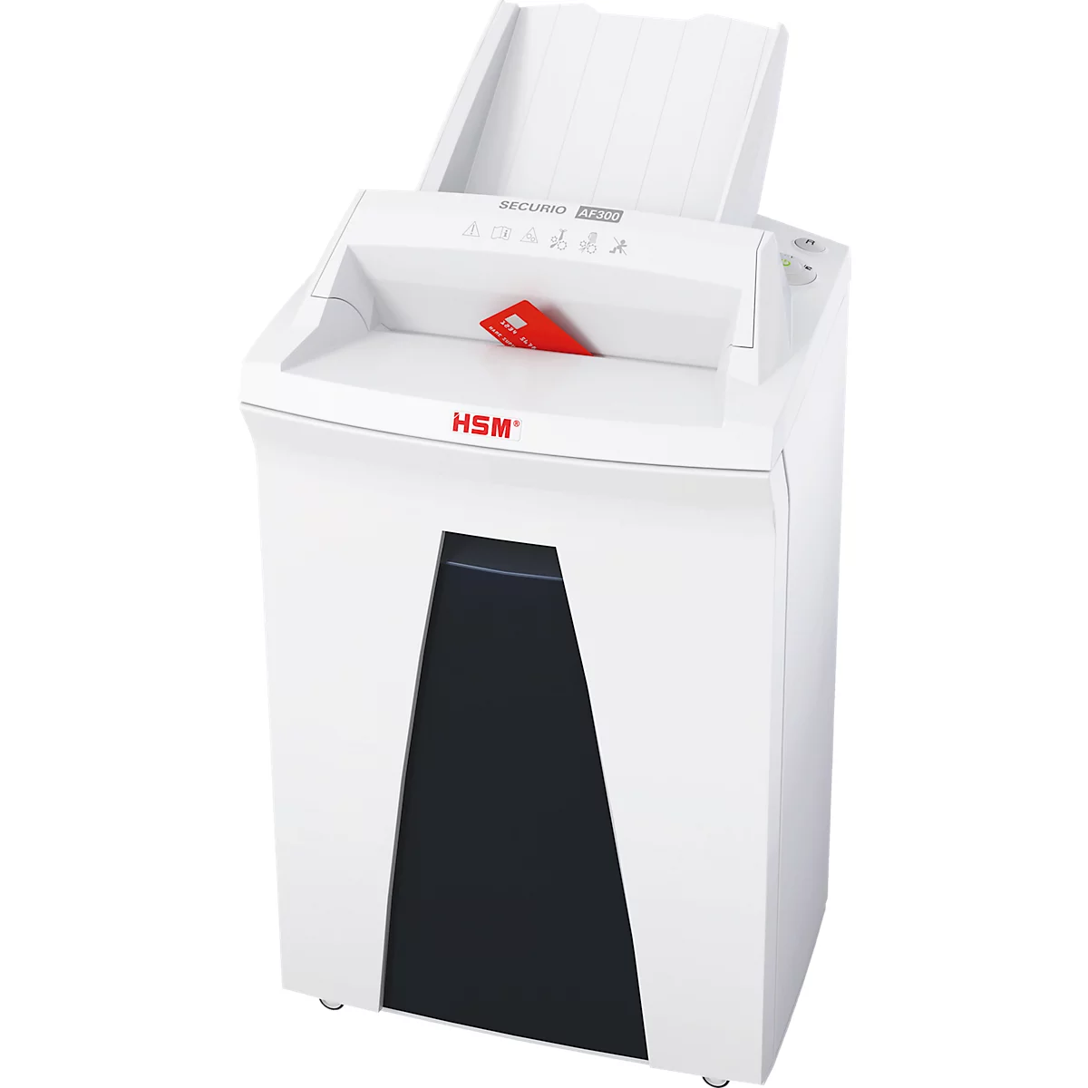 Déchiqueteuse blanche avec carte de crédit rouge dans l'alimentation papier. La marque "HSM" est visible.