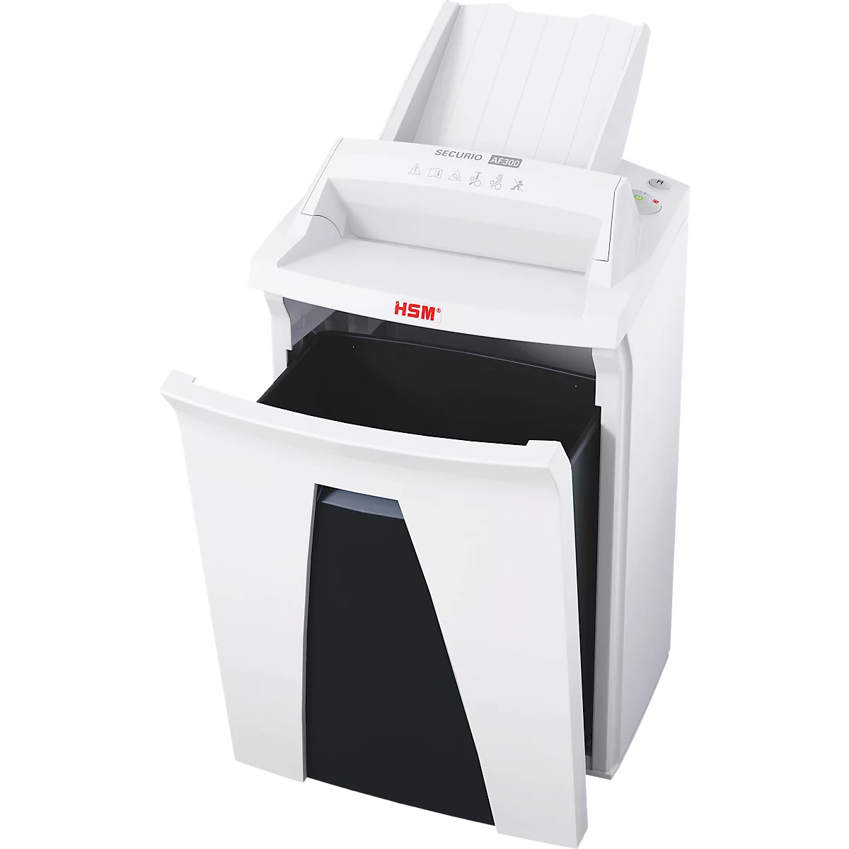 Destructeur de documents blanc avec porte ouverte. Le bac de collecte noir est visible. Sortie du papier en haut.
