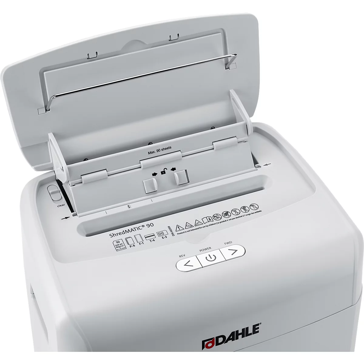 Destructeur de documents Dahle ShredMatic 90, coupe croisée 4 x 12 mm, P-4, 23 l, capacité de coupe 10 feuilles, L 367 x P 263 x H 506 mm