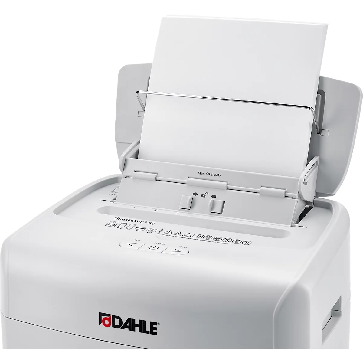 Destructeur de documents Dahle ShredMatic 90, coupe croisée 4 x 12 mm, P-4, 23 l, capacité de coupe 10 feuilles, L 367 x P 263 x H 506 mm