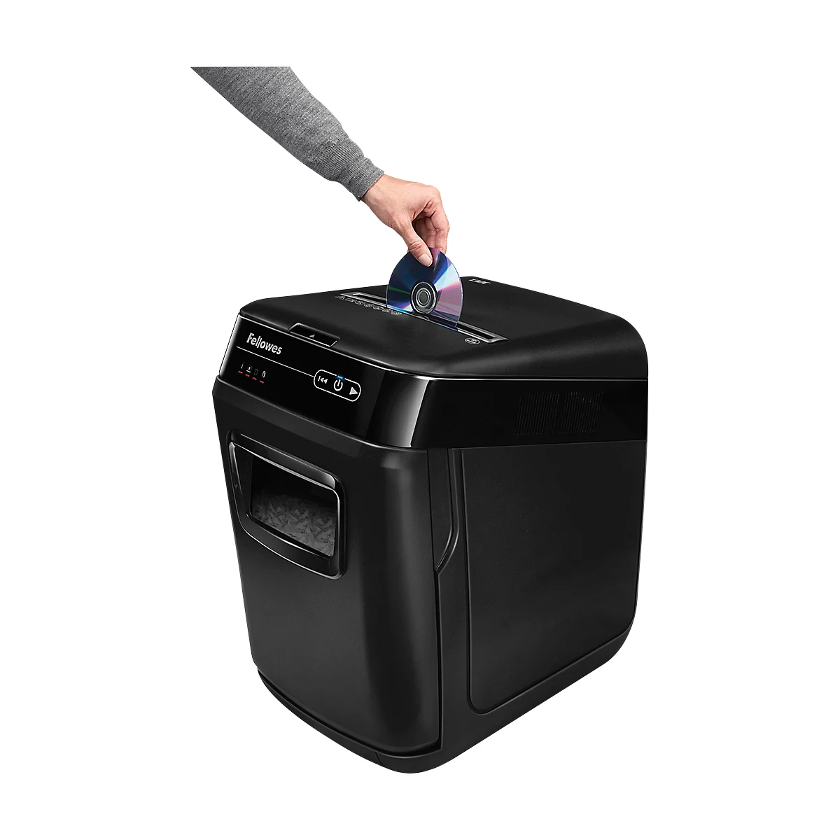 Destructeur de documents Fellowes® AutoMax™ 150C, entièrement automatique, coupe croisée 4 x 38 mm, P-4, 32 l, capacité de coupe 150 feuilles, arrêt de sécurité, noir