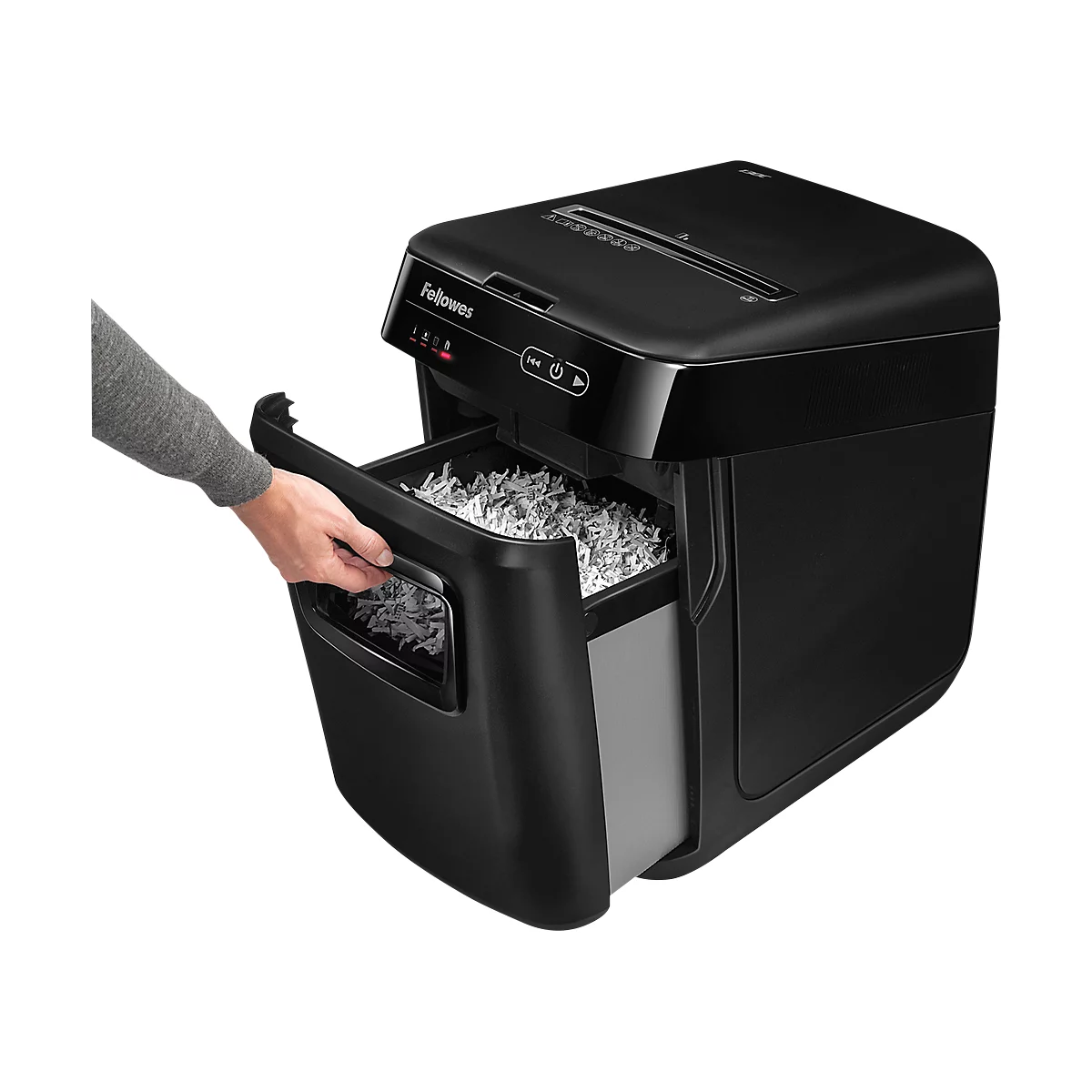 Destructeur de documents Fellowes® AutoMax™ 150C, entièrement automatique, coupe croisée 4 x 38 mm, P-4, 32 l, capacité de coupe 150 feuilles, arrêt de sécurité, noir