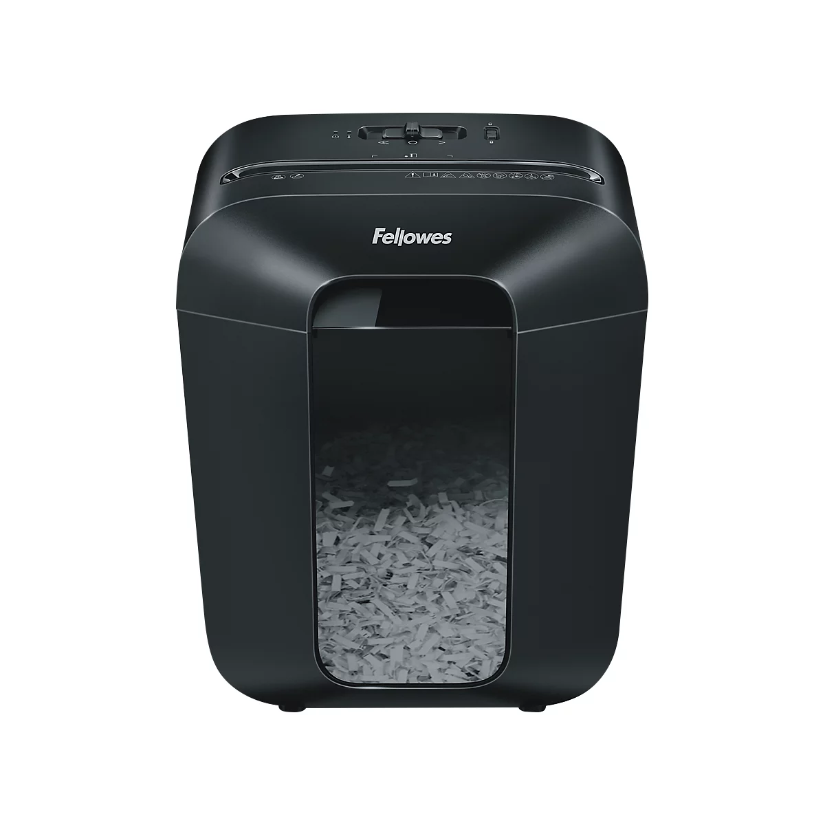 Destructeur de documents Fellowes noir avec fenêtre de visualisation sur papier déchiqueté, sur fond neutre.