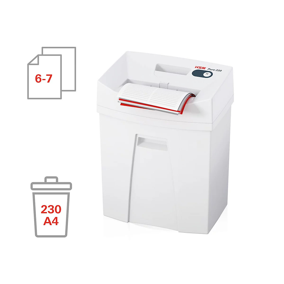 Destructeur de documents HSM Pure 220, niveau de sécurité 4, coupe en particules 4 x 25 mm, 7 feuilles, blanc