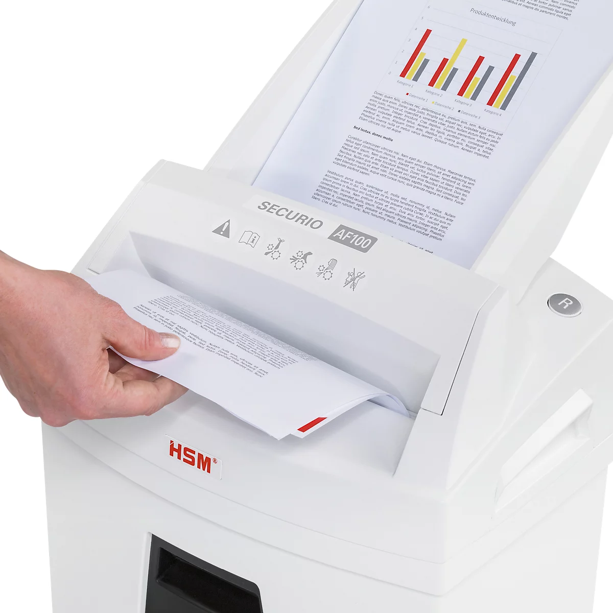 Destructeur de documents HSM SECURIO AF100, niveau de sécurité 4, coupe en particules 4 x 25 mm, 8 feuilles, autofeed, blanc