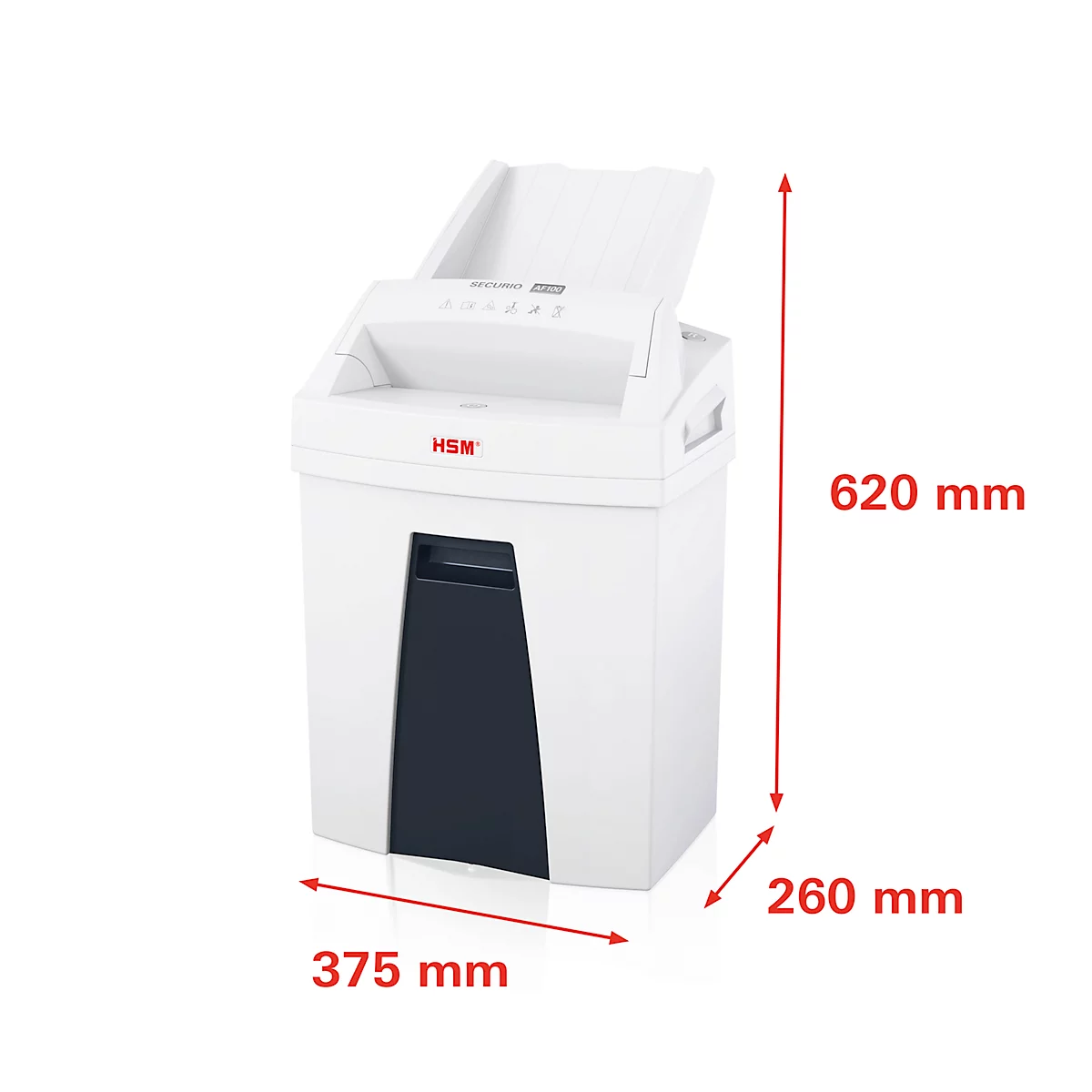 Destructeur de documents HSM SECURIO AF100, niveau de sécurité 4, coupe en particules 4 x 25 mm, 8 feuilles, autofeed, blanc