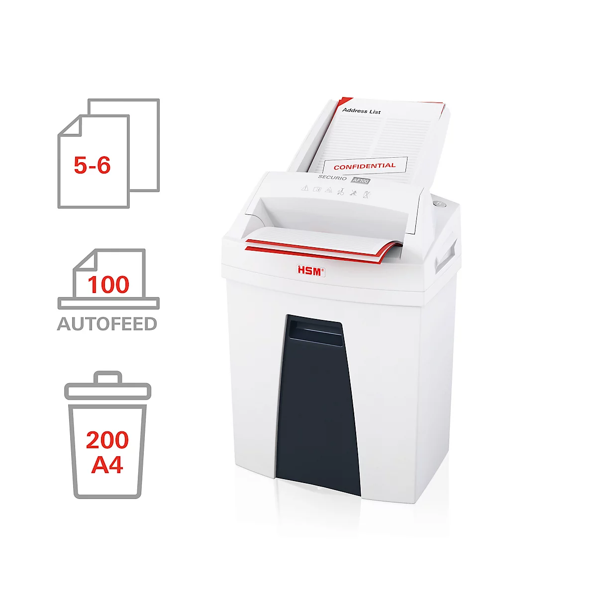 Destructeur de documents HSM SECURIO AF100, niveau de sécurité 4, coupe en particules 4 x 25 mm, 8 feuilles, autofeed, blanc