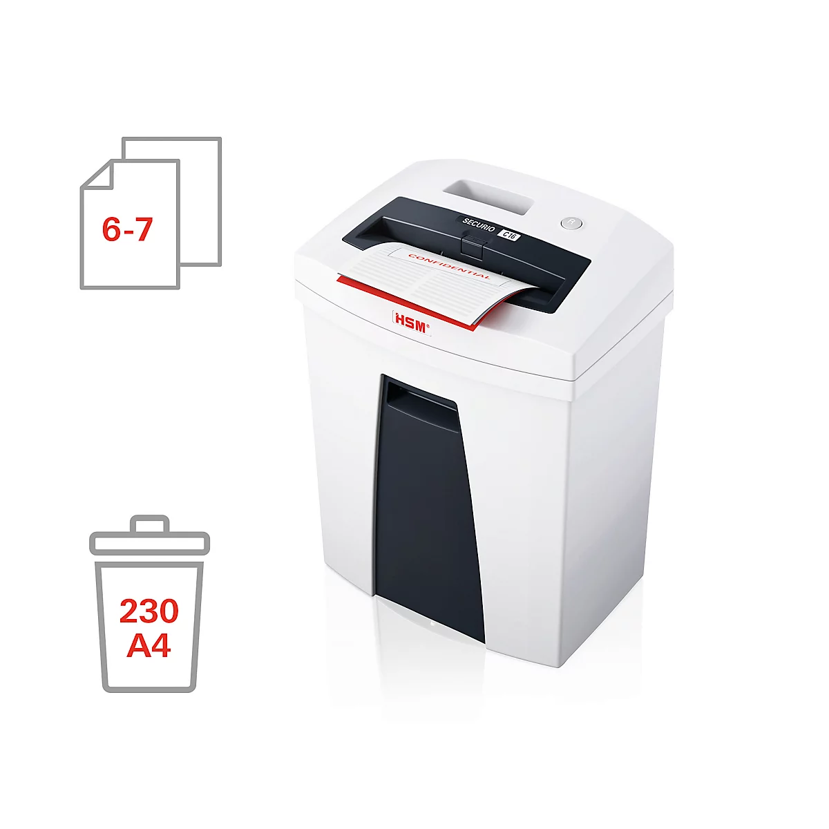 Destructeur de documents HSM SECURIO C16, niveau de sécurité 4, coupe en particules 4 x 25 mm, 7 feuilles, blanc