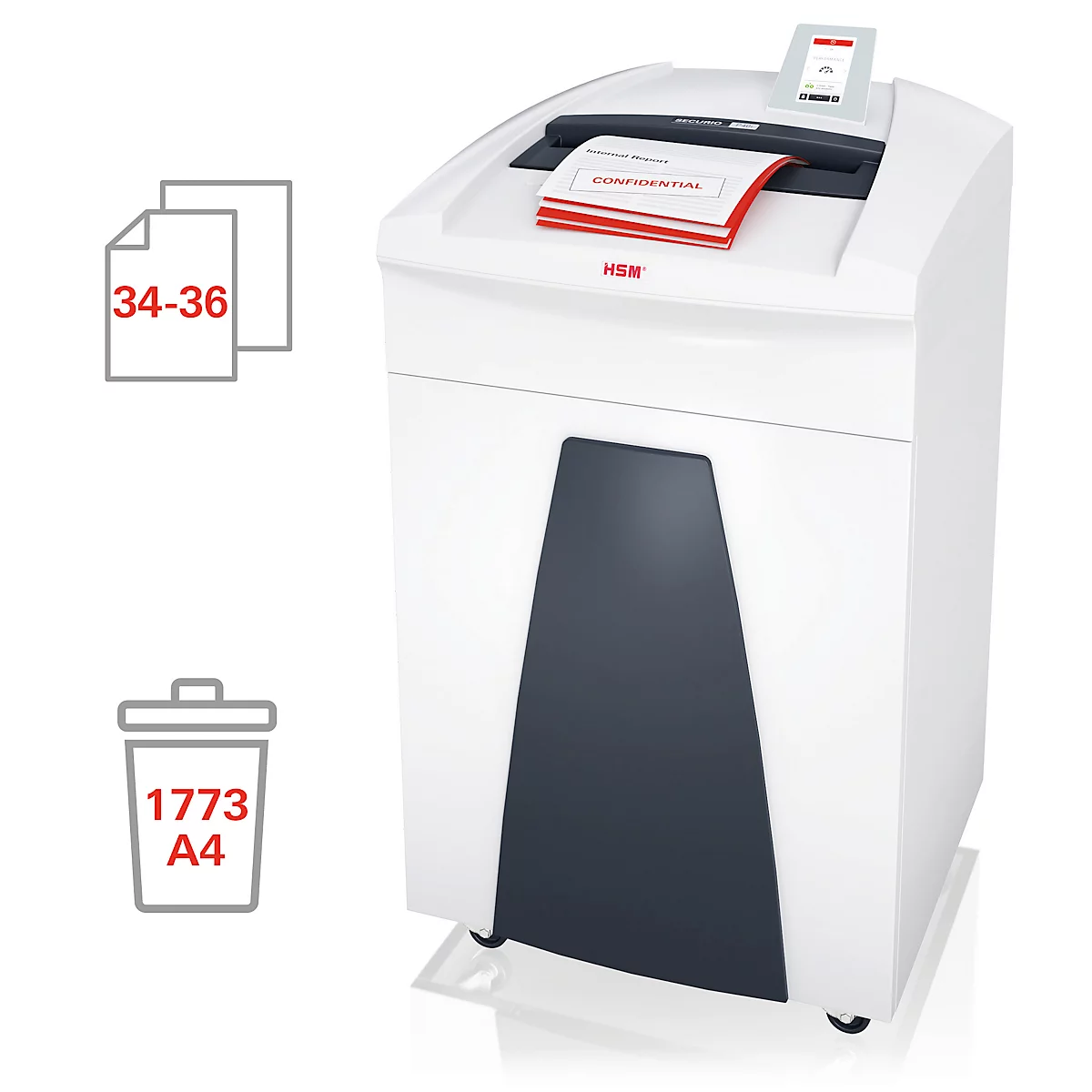 Destructeur de documents HSM SECURIO P40i, niveau de sécurité 4, coupe en particules de 4,5 x 30 mm, 36 feuilles, blanc