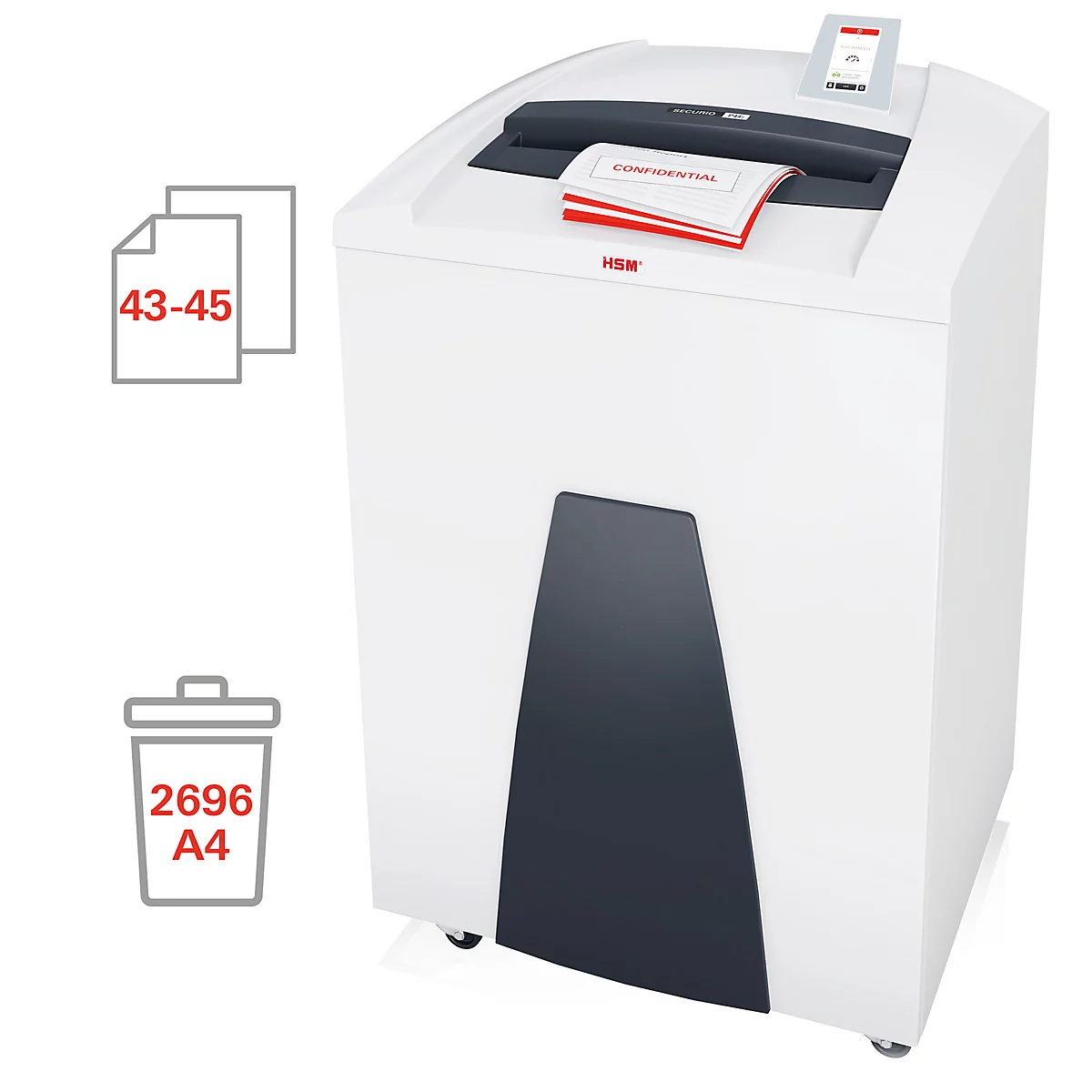 Destructeur de documents HSM SECURIO P44i, niveau de sécurité 4, coupe en particules 3,9 x 40 mm, 205 l, coupe CD, 45 feuilles, blanc