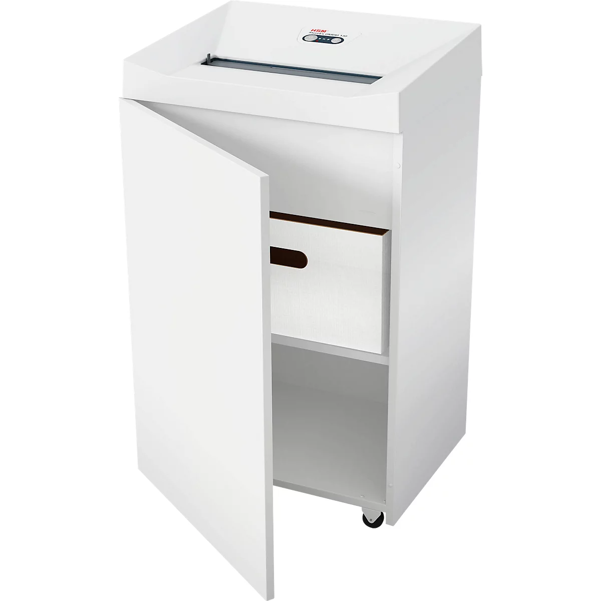Destructeur de documents HSM StoreEx OMDD 130, pour CD's/DVD's/cartes de crédit, coupe en particules 2,2 x 4 mm, P-4, 51 l de capacité de réception, blanc