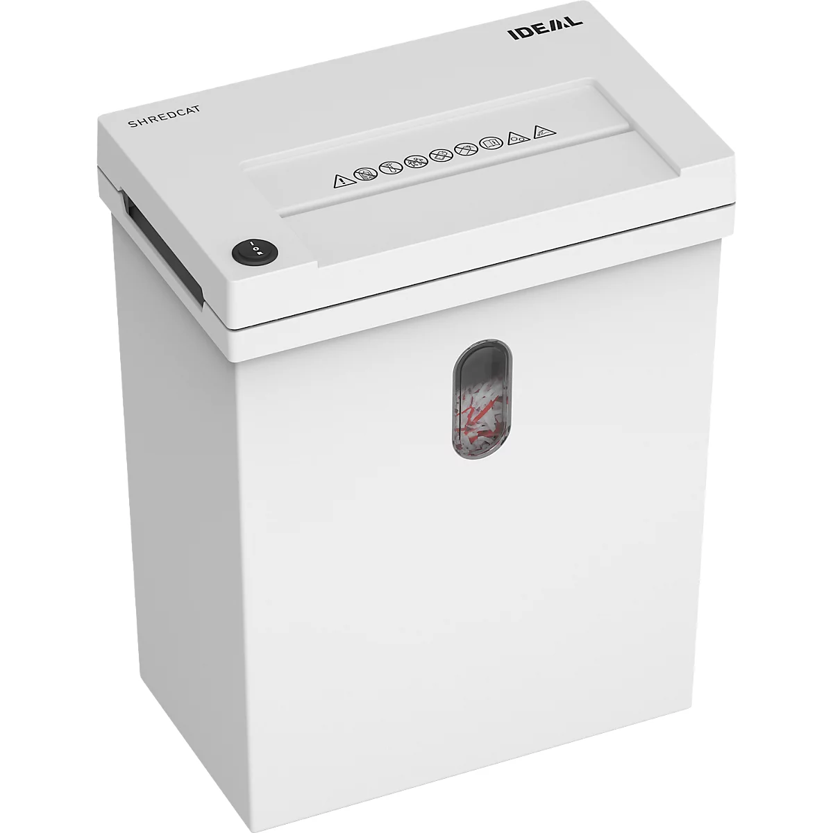Déchiqueteuse de papier blanche, étiquettes SHREDCAT et IDEAL. Une fenêtre transparente indique le niveau de remplissage.