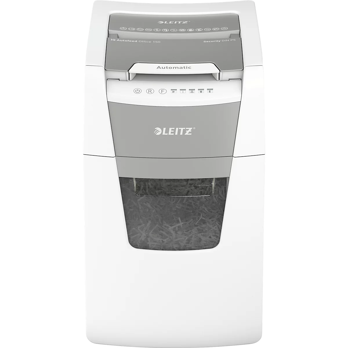 Destructeur de documents Leitz IQ Autofeed Office 150 P5, entièrement automatique, coupe micro 2 x 15 mm, 44 l, capacité de coupe 150 feuilles, blanc