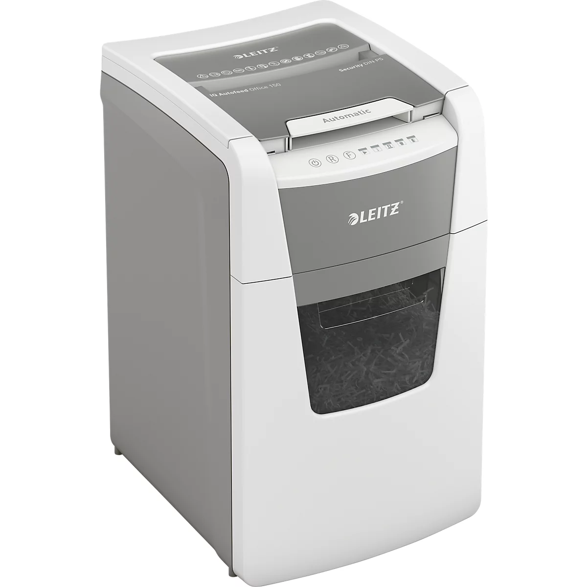 Destructeur de documents Leitz IQ Autofeed Office 150 P5, entièrement automatique, coupe micro 2 x 15 mm, 44 l, capacité de coupe 150 feuilles, blanc