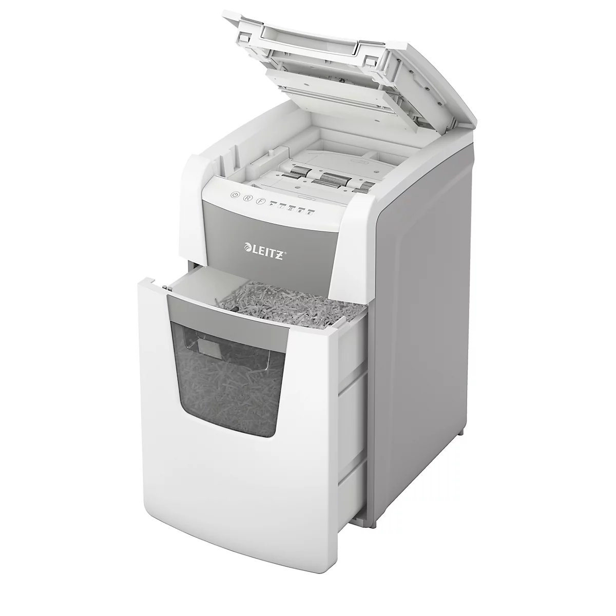 Destructeur de documents Leitz IQ Autofeed Office 150 P5, entièrement automatique, coupe micro 2 x 15 mm, 44 l, capacité de coupe 150 feuilles, blanc