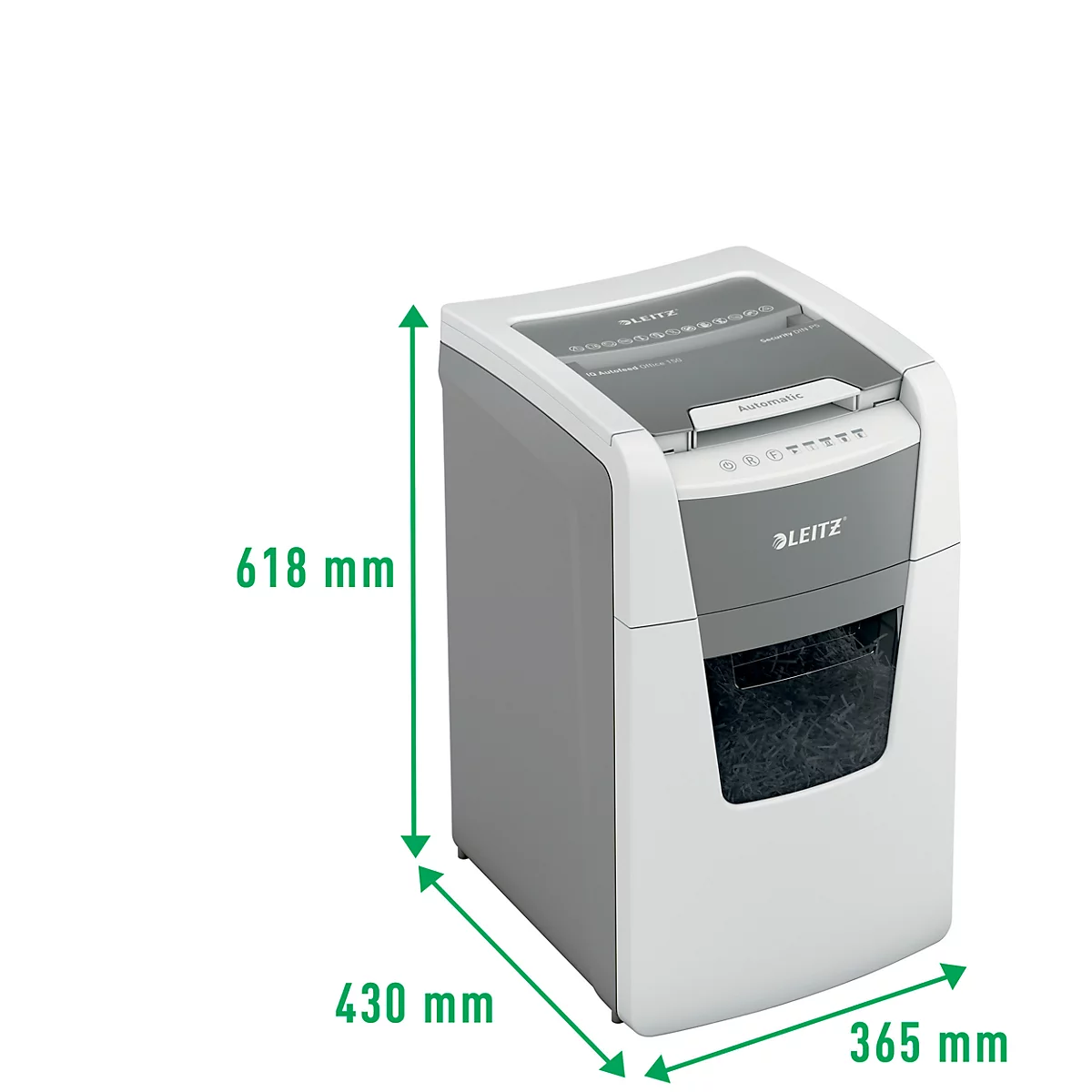 Destructeur de documents Leitz IQ Autofeed Office 150 P5, entièrement automatique, coupe micro 2 x 15 mm, 44 l, capacité de coupe 150 feuilles, blanc