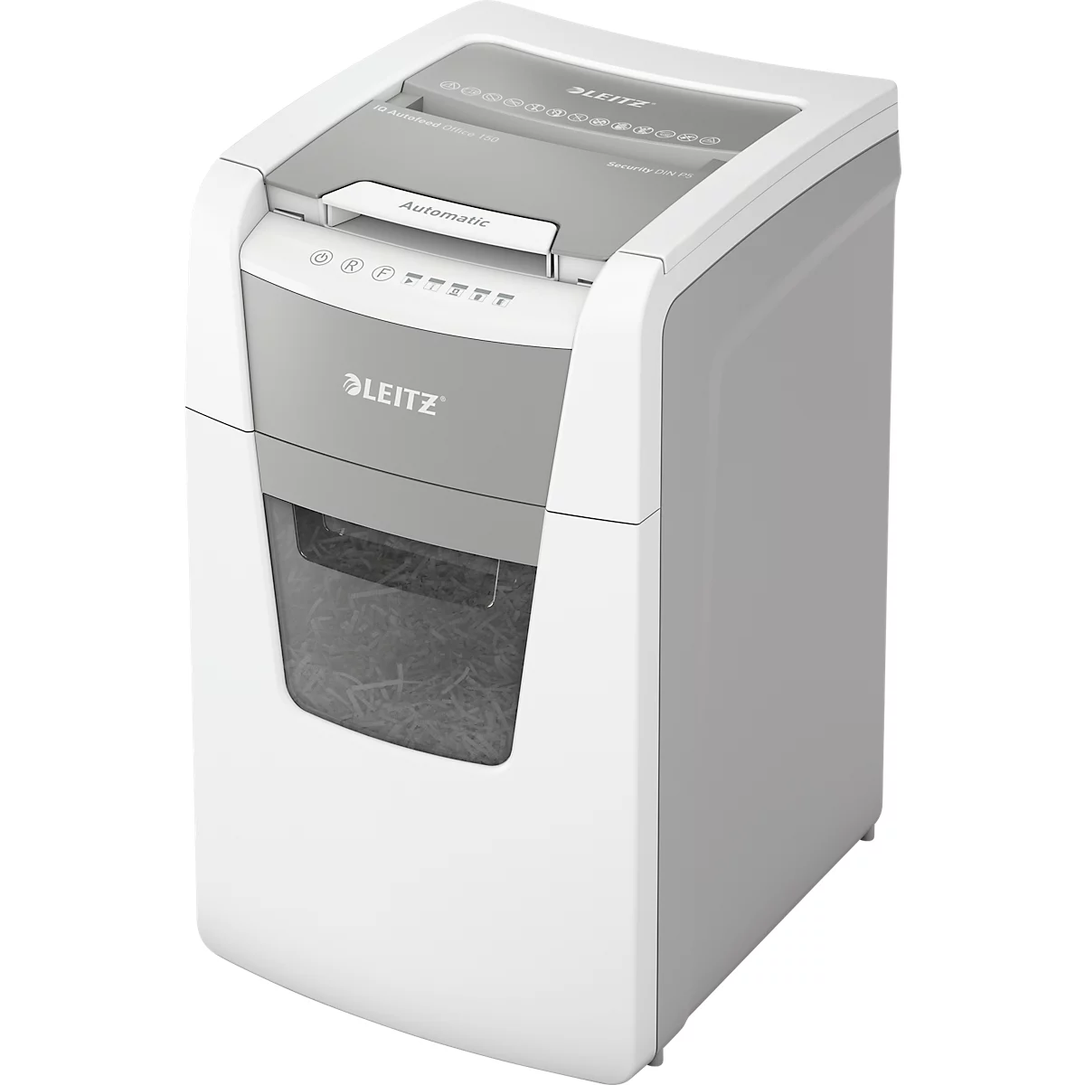Destructeur de documents Leitz IQ Autofeed Office 150 P5, entièrement automatique, coupe micro 2 x 15 mm, 44 l, capacité de coupe 150 feuilles, blanc