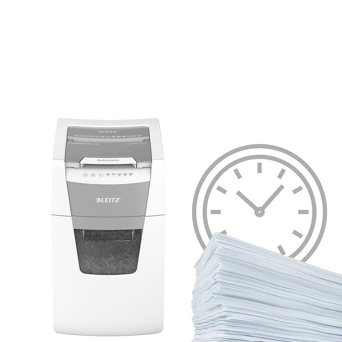 Destructeur de documents Leitz IQ Autofeed Office 150 P5, entièrement automatique, coupe micro 2 x 15 mm, 44 l, capacité de coupe 150 feuilles, blanc