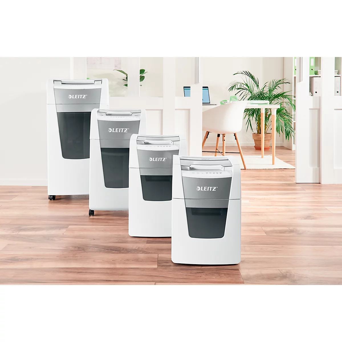Destructeur de documents Leitz IQ Autofeed Office 150 P5, entièrement automatique, coupe micro 2 x 15 mm, 44 l, capacité de coupe 150 feuilles, blanc