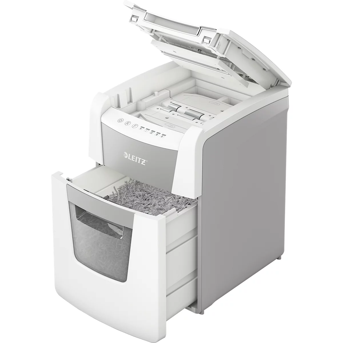 Destructeur de documents Leitz IQ Autofeed Small Office 100 P4, entièrement automatique, coupe croisée 4 x 30 mm, 34 l, capacité de coupe 100 feuilles, blanc