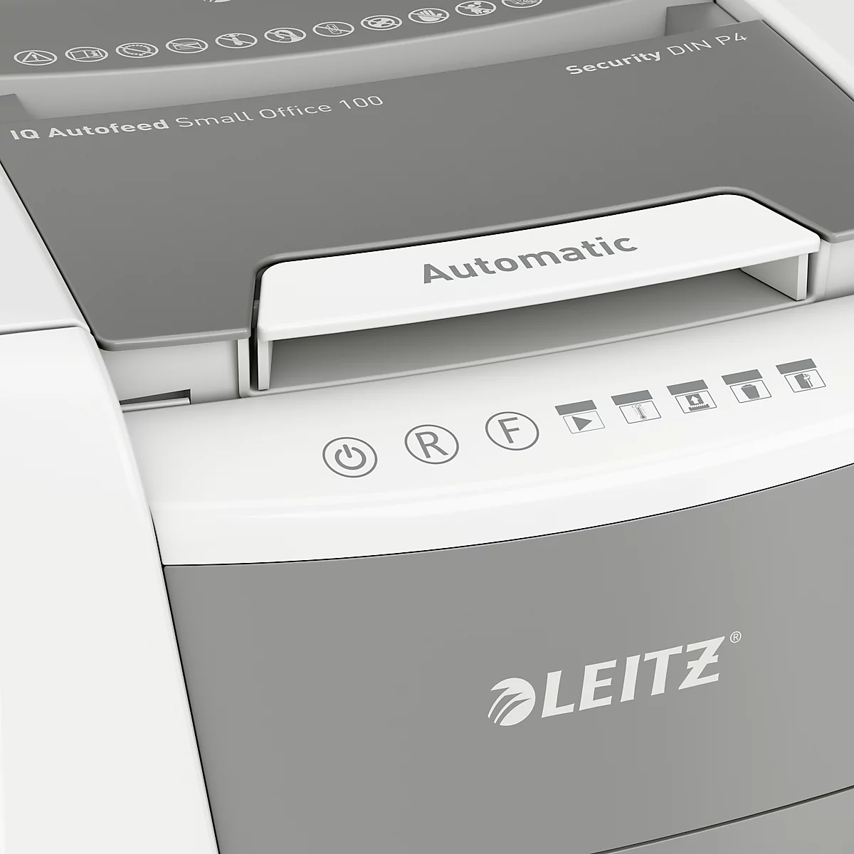 Destructeur de documents Leitz IQ Autofeed Small Office 100 P4, entièrement automatique, coupe croisée 4 x 30 mm, 34 l, capacité de coupe 100 feuilles, blanc