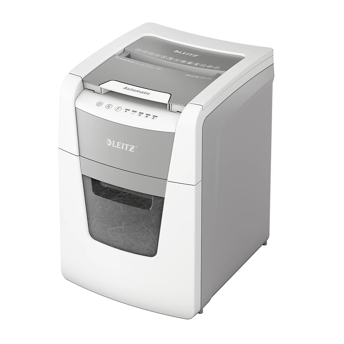 Destructeur de documents Leitz IQ Autofeed Small Office 100 P4, entièrement automatique, coupe croisée 4 x 30 mm, 34 l, capacité de coupe 100 feuilles, blanc