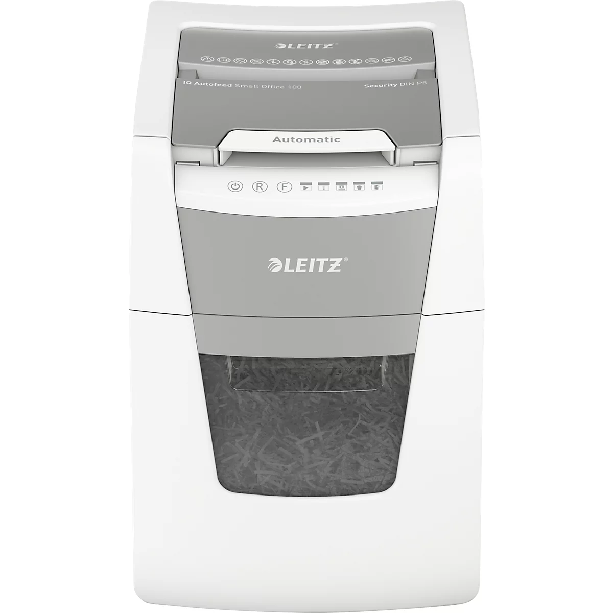 Destructeur de documents Leitz IQ Autofeed Small Office 100 P5, entièrement automatique, coupe micro 2 x 15 mm, 34 l, capacité de coupe 100 feuilles, blanc