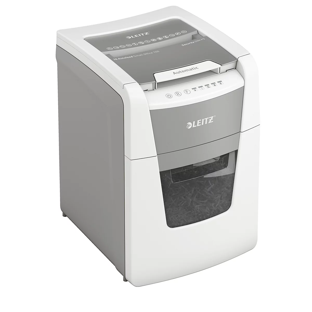 Destructeur de documents Leitz IQ Autofeed Small Office 100 P5, entièrement automatique, coupe micro 2 x 15 mm, 34 l, capacité de coupe 100 feuilles, blanc