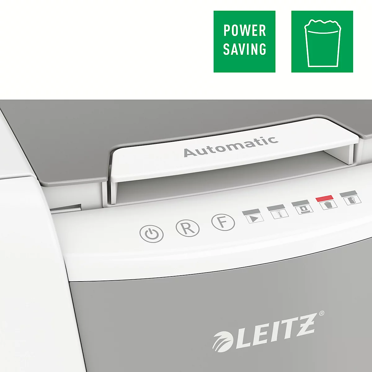 Destructeur de documents Leitz IQ Autofeed Small Office 100 P5, entièrement automatique, coupe micro 2 x 15 mm, 34 l, capacité de coupe 100 feuilles, blanc