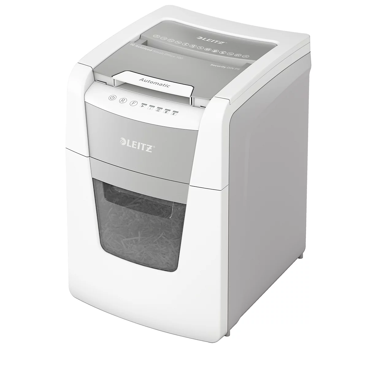 Destructeur de documents Leitz IQ Autofeed Small Office 100 P5, entièrement automatique, coupe micro 2 x 15 mm, 34 l, capacité de coupe 100 feuilles, blanc