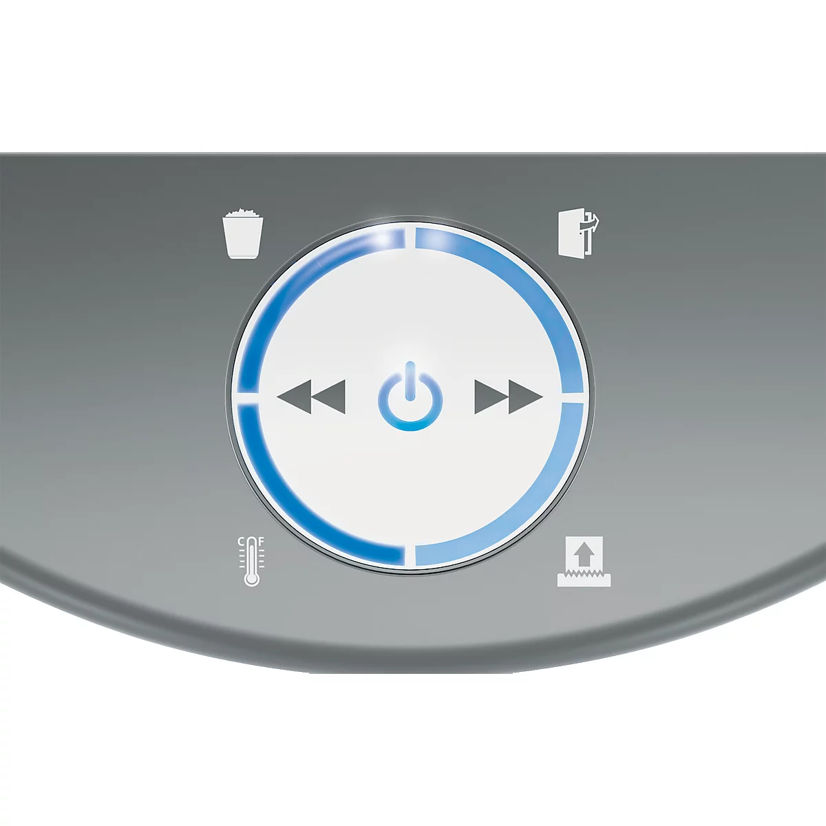 Gros plan sur un panneau de commande gris avec des boutons bleus éclairés. Un grand bouton central avec symbole d'alimentation, boutons fléchés et icônes.