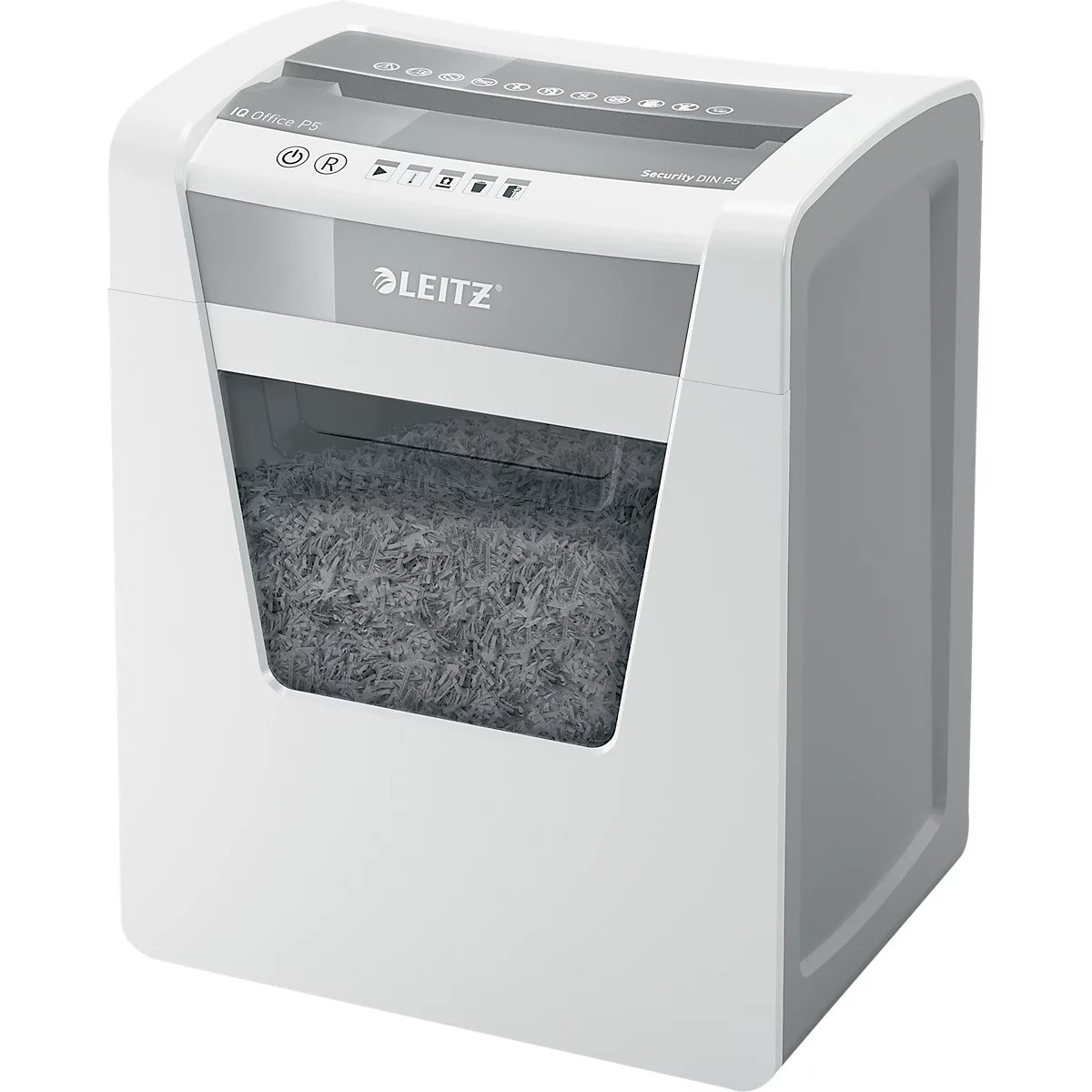 Destructeur de documents Leitz IQ P-5, 10 feuilles 80 g/m², corbeille de 23 l, contrôle tactile, silencieux blanc