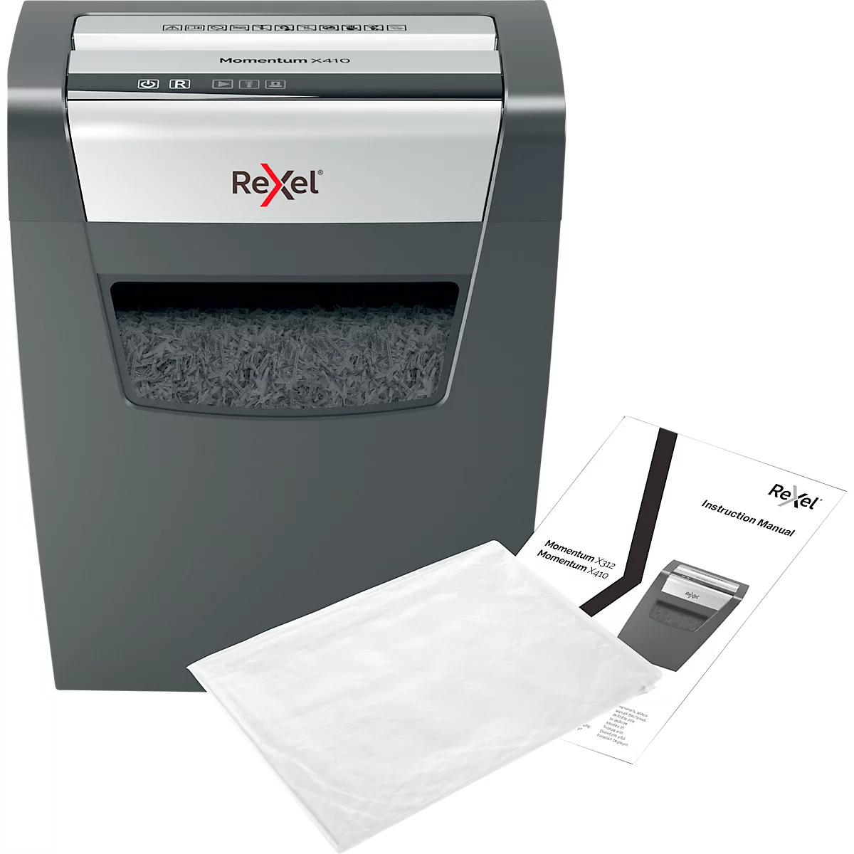 Destructeur de documents Momentum X410 Rexel, découpe de morceaux 4 x 28 mm, P4, 23 L, capacité de découpe de 10 feuilles
