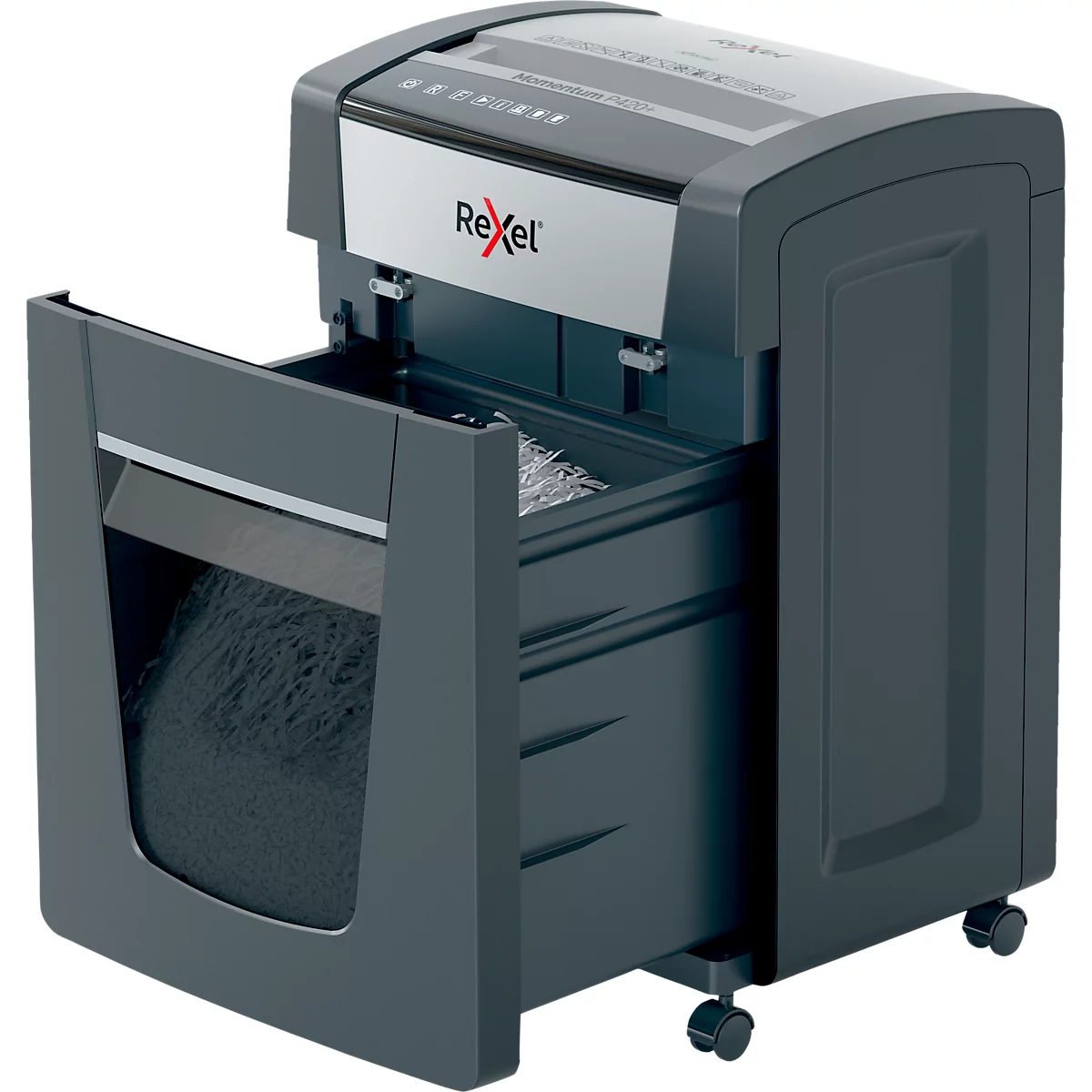 Destructeur de documents Rexel Momentum Extra P420+, mobile, P4, coupe croisée 4 x 35 mm, 30 l, capacité de coupe 20 feuilles, noir
