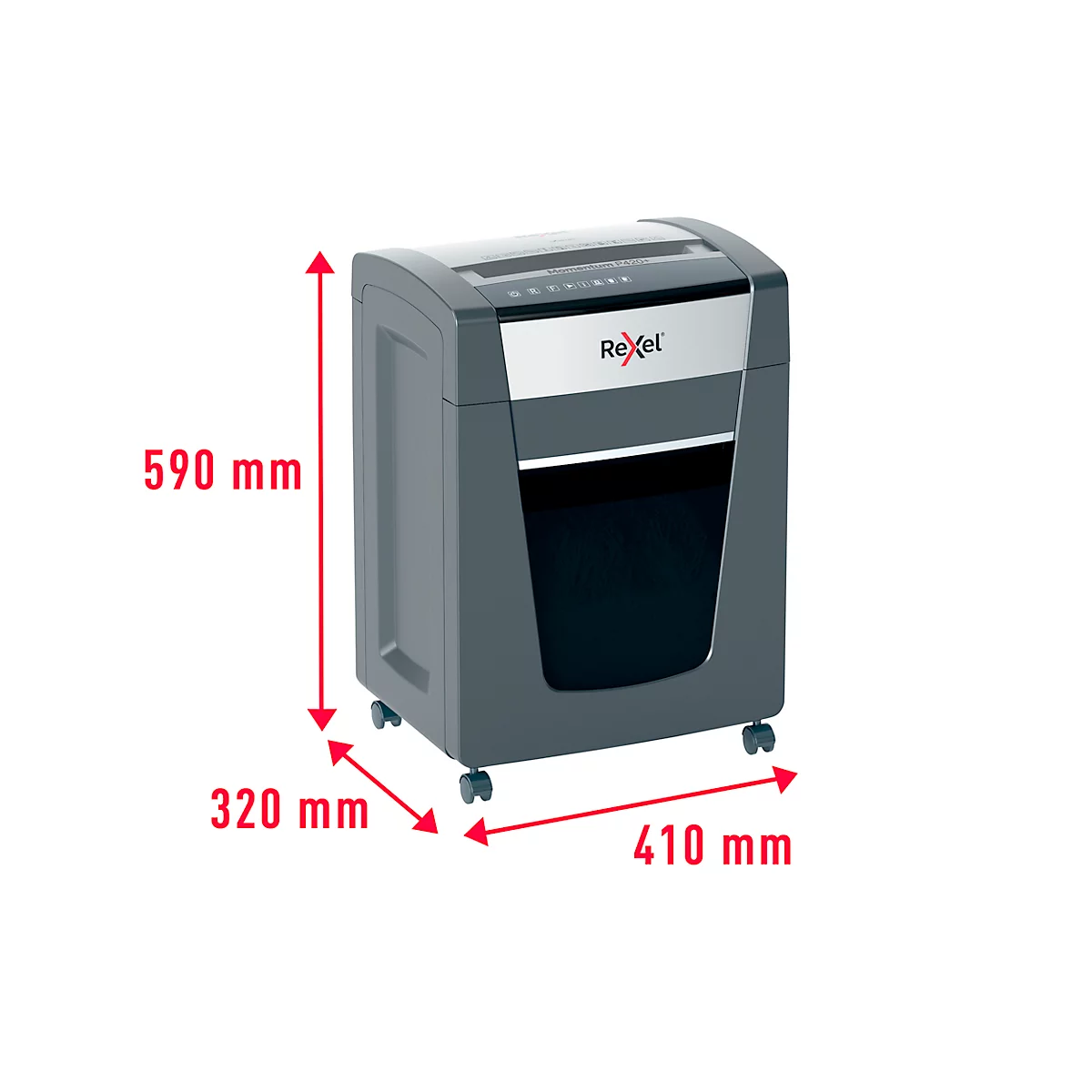 Destructeur de documents Rexel Momentum Extra P420+, mobile, P4, coupe croisée 4 x 35 mm, 30 l, capacité de coupe 20 feuilles, noir