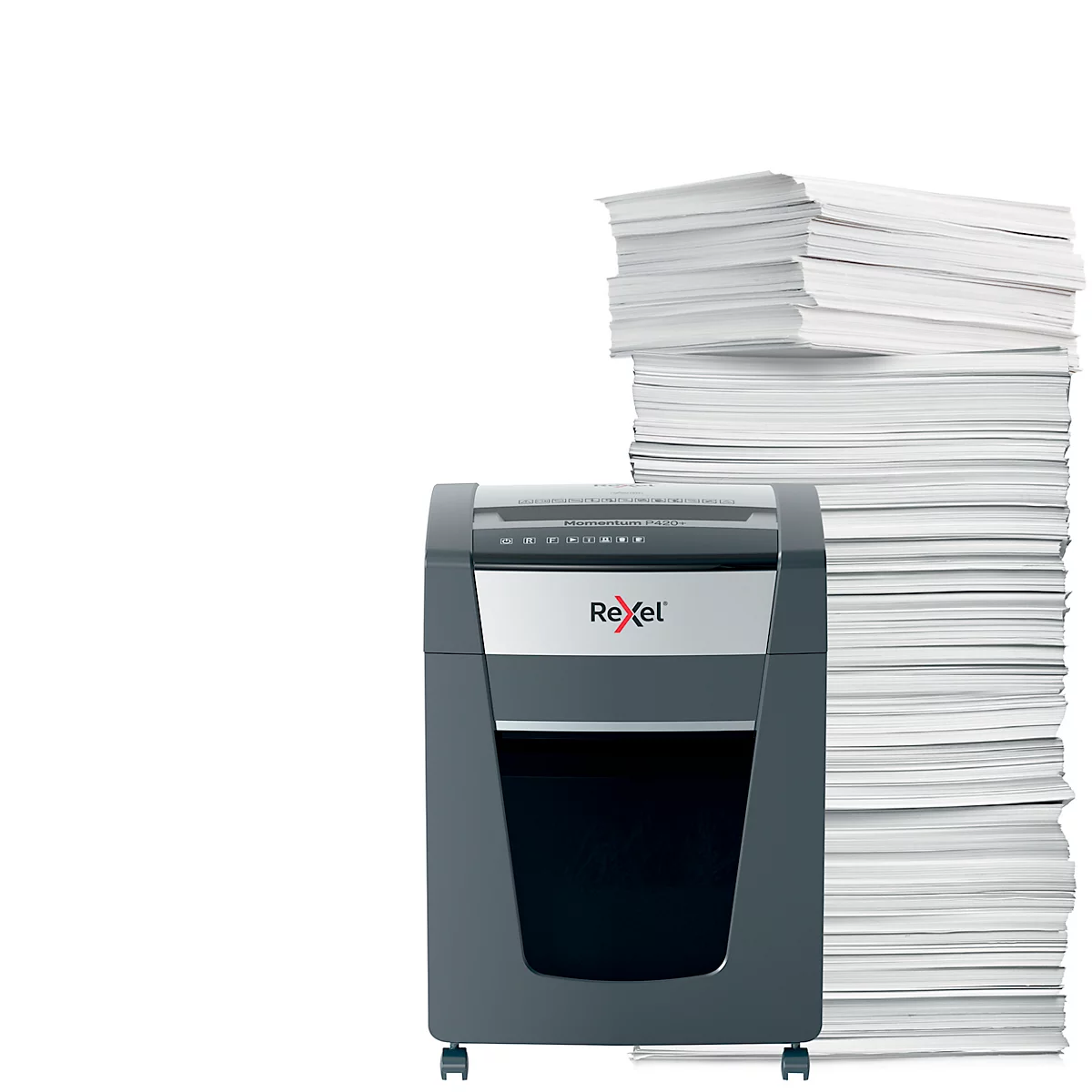 Destructeur de documents Rexel Momentum Extra P420+, mobile, P4, coupe croisée 4 x 35 mm, 30 l, capacité de coupe 20 feuilles, noir