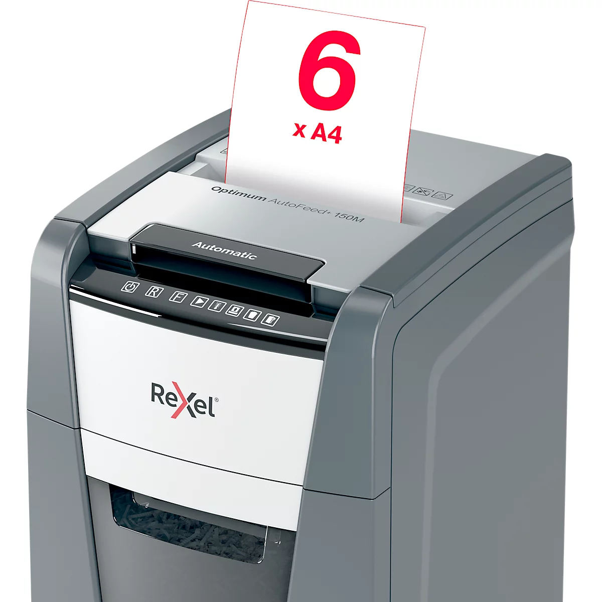 Destructeur de documents Rexel Optimum AutoFeed+ 150M P5, entièrement automatique, coupe micro 2 x 15 mm, 44 l, capacité de coupe 150 feuilles, noir