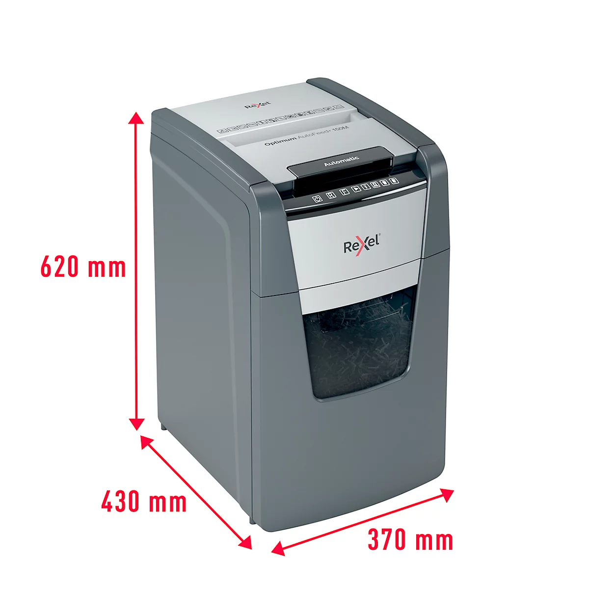 Destructeur de documents Rexel Optimum AutoFeed+ 150M P5, entièrement automatique, coupe micro 2 x 15 mm, 44 l, capacité de coupe 150 feuilles, noir