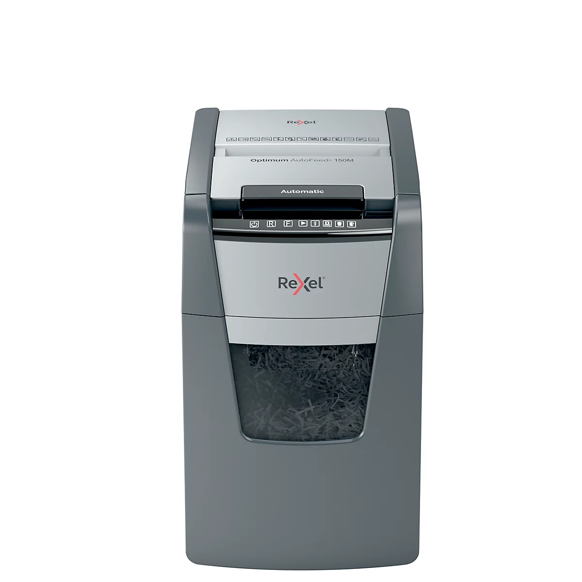 Destructeur de documents Rexel Optimum AutoFeed+ 150M P5, entièrement automatique, coupe micro 2 x 15 mm, 44 l, capacité de coupe 150 feuilles, noir